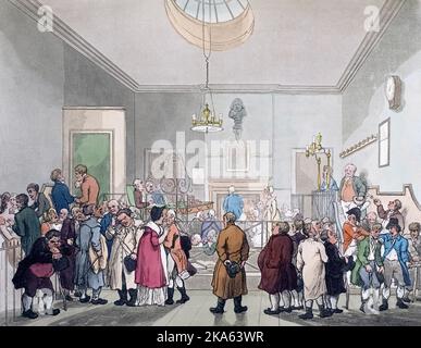 Ufficio di Bow Street. Bow Street Magistrates' Court. Circa 1808. Dopo un lavoro di August Pugin e Thomas Rowlandson nel microcosmo di Londra, pubblicato in tre volumi tra il 1808 e il 1810 da Rudolph Ackermann. Pugin era l'artista responsabile degli elementi architettonici nelle immagini del microcosmo; Thomas Rowlandson fu assunto per aggiungere le figure umane vivaci. Foto Stock