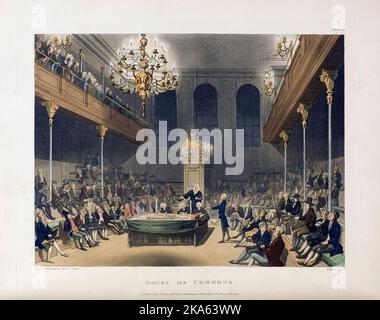 Casa dei Comuni. Circa 1808. Dopo un lavoro di August Pugin e Thomas Rowlandson nel microcosmo di Londra, pubblicato in tre volumi tra il 1808 e il 1810 da Rudolph Ackermann. Pugin era l'artista responsabile degli elementi architettonici nelle immagini del microcosmo; Thomas Rowlandson fu assunto per aggiungere le figure umane vivaci. Foto Stock