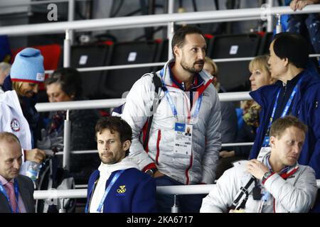 SOCHI 2014. Arricciature. Il principe ereditario norvegese Haakon durante il curling Mens nelle Olimpiadi invernali di Sochi 2014, Sochi, Russia, nell'Adler Arena nel Centro di curling del cubo di ghiaccio, 10th febbraio 2014. Foto: Heiko Junge / NTB scanpix Foto Stock
