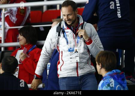 SOCHI 2014. Arricciature. Il principe ereditario norvegese Haakon durante il curling Mens nelle Olimpiadi invernali di Sochi 2014, Sochi, Russia, nell'Adler Arena nel Centro di curling del cubo di ghiaccio, 10th febbraio 2014. Foto: Heiko Junge / NTB scanpix Foto Stock