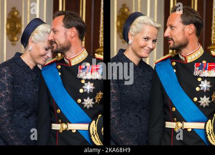 OSLO 20140902. Il presidente estone Toomas Hendrik Ilves è stato ricevuto dal re Harald, dalla regina Sonja, dal principe ereditario Haakon, dalla principessa ereditaria mette-Marit e dalla principessa Astrid, quando è venuto in una visita ufficiale di stato di un giorno in Norvegia martedì. Nella foto: Principessa della Corona mette-Marit e Principe della Corona Haakon. Foto: Berit Roald/ Foto Stock