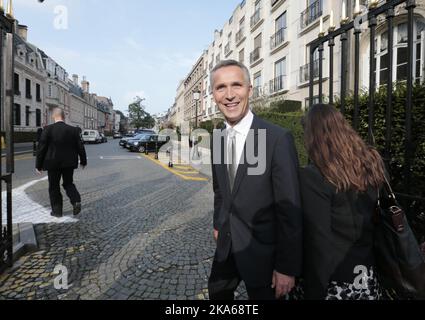 Bruxelles 20140930. L'ex primo ministro norvegese Jens Stoltenberg si è trasferito nella residenza della NATO a Bruxelles ed è pronto per un nuovo incarico come Segretario generale della NATO. Martedì mattina Jens Stoltenberg incontra la stampa norvegese a Bruxelles, in Belgio. Foto: Lise Aaserud/ Foto Stock
