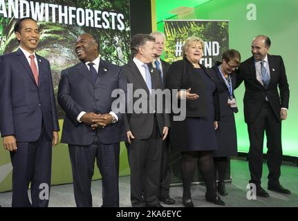 PARIGI, FRANCIA 20151130. Il Ministro dell'ambiente Tine Sundtoft (2nd right) e il primo Ministro Erna Solberg (3rd right) nell'ambito di un accordo per una cooperazione estesa nel settore forestale durante la conferenza ONU sul clima di Parigi 2015. Da sinistra: Il Presidente indonesiano Joko Widodo, il Presidente del Gabon, Ali Bongo Ondimba, il Presidente della Colombia Manuel Santos Calderon, il Ministro degli Esteri Stephane Dion, Erna Solberg, il Ministro dell'ambiente Tine Sundtoft e il Ministro dell'ambiente in Perù, Gabriel Vallejo Lopez. Foto: Berit Roald / NTB scanpix Foto Stock