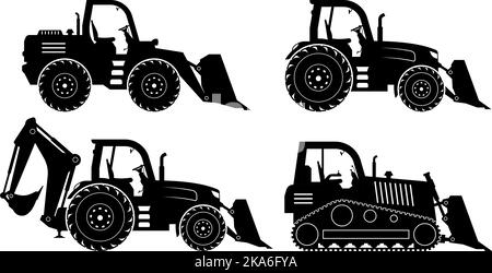 Silhouette di bulldozer e retroescavatore su sfondo bianco. Le icone dei veicoli da costruzione e da miniera consentono di visualizzare lateralmente. Illustrazione Vettoriale