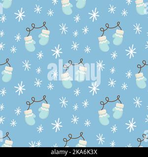 Carino Natale modello senza cuciture con mitens Natale e fiocchi di neve. Illustrazione vettoriale disegnata a mano Illustrazione Vettoriale