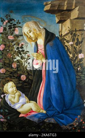 Sandro Botticelli, la Vergine adorante il Bambino del Cristo addormentante, dipinto in tempera e oro su tela, circa 1485 Foto Stock