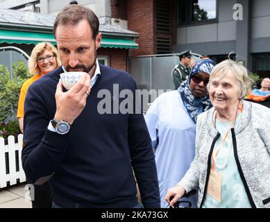 Oslo 20180613. Il principe ereditario Haakon accende il fuoco e apre i Giochi Sofienberg, 24 anni dopo che ha acceso il fuoco olimpico durante le Olimpiadi a Lillehammer. I ferri di cavallo su bastoni, esercizi di equilibrio e bocce sono alcuni degli esercizi che gli anziani proveranno durante i Giochi Sofienberg di quest'anno a Oslo. Il principe ereditario mette alla prova i sensi. Foto: Lise Aaserud / NTB scanpix Foto Stock