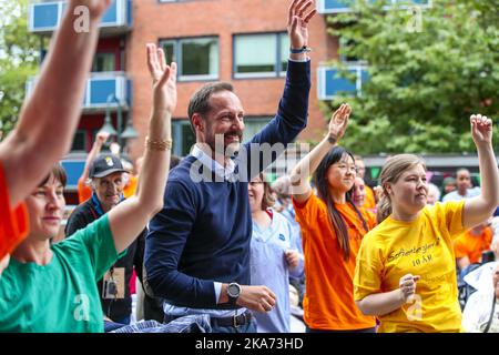 Oslo 20180613. Il principe ereditario Haakon accende il fuoco e apre i Giochi Sofienberg, 24 anni dopo che ha acceso il fuoco olimpico durante le Olimpiadi a Lillehammer. I ferri di cavallo su bastoni, esercizi di equilibrio e bocce sono alcuni degli esercizi che gli anziani proveranno durante i Giochi Sofienberg di quest'anno a Oslo. Foto: Lise Aaserud / NTB scanpix Foto Stock