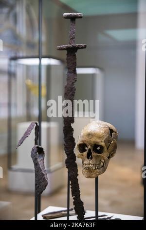 OSLO, Norvegia 20190401. Visita guidata della nuova mostra di VÍKINGR al Museo storico. La mostra è stata sviluppata in collaborazione con Snoehetta. Un guerriero femminile? Mostra Viking. Foto: Berit Roald / NTB scanpi Foto Stock