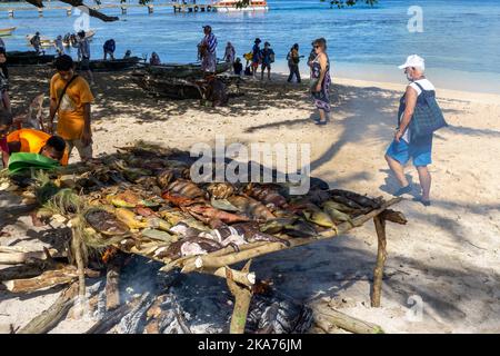 Gli abitanti del luogo preparano e cucinano pesce a fuoco aperto sulla spiaggia, sull'isola di Kiriwina, sulla provincia di Milne Bay, sulla Papua Nuova Guinea Foto Stock