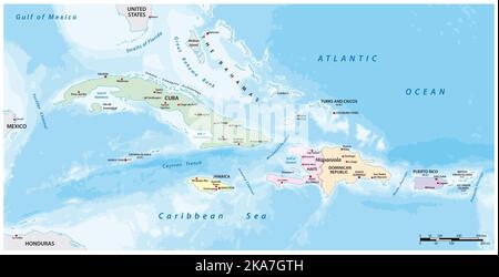 Mappa vettoriale delle grandi Antille nella regione caraibica Foto Stock