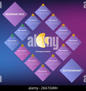 Roadmap geometrica modulare blu-viola realizzata in rombo. Modello infografico della cronologia per la presentazione aziendale. Vettore modificabile. Illustrazione Vettoriale