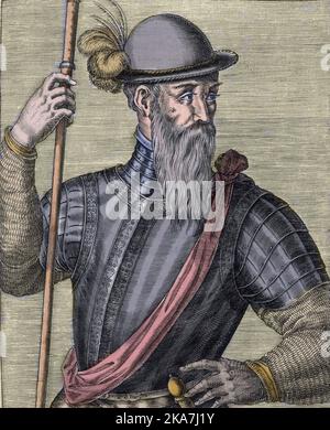 Portrait de Francisco Pizarro (Francois Pizarre, 1478-1541); soldat espagnol, conquistant du Perou. In 'Portraits et vies des Hommes' par Andre Thevet (1516-1590), Parigi, 1584. Foto Stock
