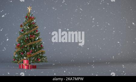 Albero di Natale decorato con scatole di regalo e ornamenti su uno sfondo grigio con neve e spazio copia. Concetto di sfondo innevato di Natale con regali f Foto Stock