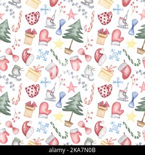 Motivo acquerello senza cuciture con simpatici oggetti invernali e natalizi. Carta ripetuta disegnata a mano . Design per abbigliamento, tessuti, cartoline, sfondi e. Foto Stock