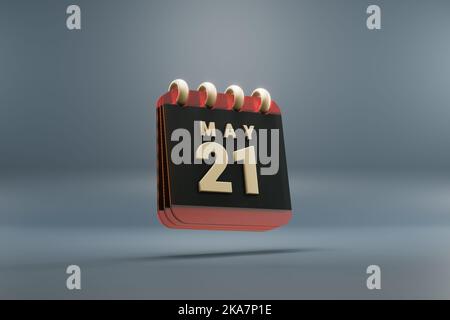 Calendario da tavolo in piedi nero e rosso mese con data 21 maggio. Design moderno con elementi dorati, illustrazione in 3D. Sfondo grigio blu Foto Stock