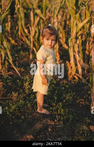 Adorabile bambina che guarda in lontananza al tramonto in piedi nel campo di mais in attesa dei suoi membri della famiglia. Buona famiglia all'aperto. Piccolo giardino Foto Stock