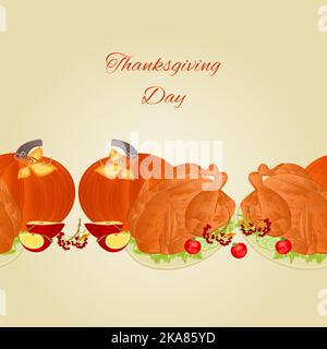 Cibo bordo senza cuciture sfondo con giorno del ringraziamento celebrativo cibo vintage illustrazione vettore per l'uso in interior design, opere d'arte, piatti, clone Illustrazione Vettoriale