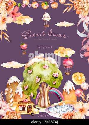 Dolce terra acquerello illustrazione, wonderland. Cartoon fantasia caramelle case e favola dolci castelli. Cioccolato, pan di zenzero e gelato Foto Stock