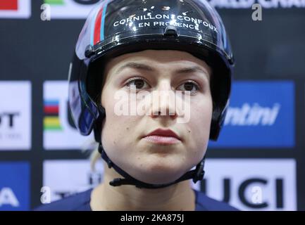 Mathilde Gros dalla Francia ai Campionati mondiali di ciclismo su pista UCI 2022 a Saint-Quentin-en-Yvelines (Francia). Foto Stock