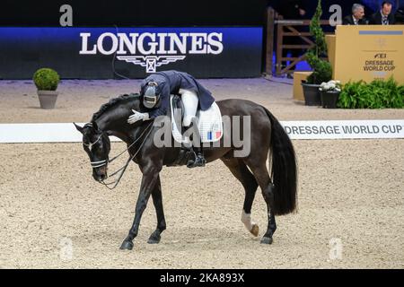 Francia, Lione, 2022-10-28. Il pilota francese Morgan Barbancon durante la sua apparizione alla coppa del mondo dressage a Equita Lyon. Foto Stock