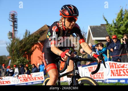 Melden, Belgio, 01 novembre 2022. L'olandese Denise Betsema ha mostrato in azione durante la gara femminile durante il Koppenbergcross, la prima gara (su otto) del X2O° Trofeo Badkamers, a Melden, martedì 01 novembre 2022. FOTO DI BELGA DAVID PINTENS Foto Stock