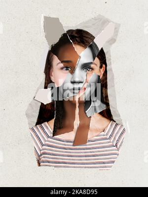 Collage d'arte contemporanea. Design moderno. Testa femminile realizzata con facce femminili di diverse nazionalità e colore della pelle Foto Stock