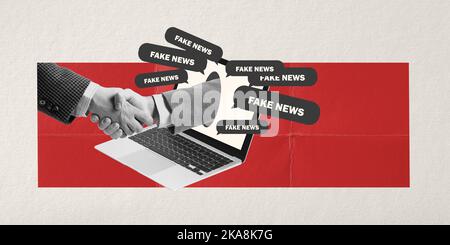 Design creativo. Grafica concettuale. Il maschio scuote le mani che sporgono dallo schermo del computer portatile. Diffusione di informazioni false. Mentire Foto Stock