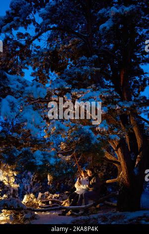 Una coppia innamorata si ama camminare nei boschi invernali la sera. Foto Stock