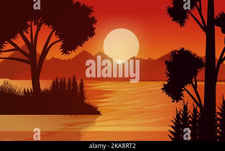 Lago montagne tramonto paesaggio illustrazione selvaggio sfondo naturale Illustrazione Vettoriale