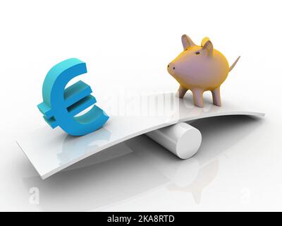 3D simbolo della moneta in euro con il concetto di bilanciamento della banca di monete piggy Foto Stock