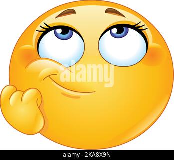 Emoticon di emoji femmina fare un ponder, pensare o un giorno sognando gesto con la mano sulla guancia Illustrazione Vettoriale