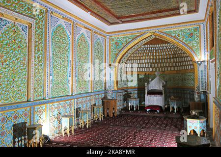 Sala del Trono, Khana Kurinish, Palazzo dell'Arca Kunya, Ichan Kala (fortezza interna), Khiva, Provincia di Khorezm, Uzbekistan, Asia centrale Foto Stock