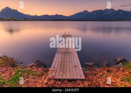 Alba autunnale con un molo sul lago Hopfen con le Alpi di Allgauer sullo sfondo, in Baviera, Germania meridionale. Foto Stock
