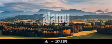 Un'ampia vista panoramica con luce serale e colori autunnali nella Allgäu, in Baviera, Germania meridionale. Questo paesaggio si trova vicino a Seeg e Rückhol Foto Stock