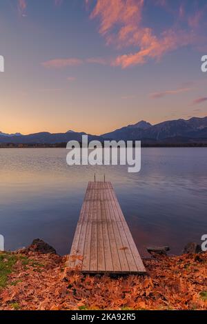 Alba autunnale con un molo sul lago Hopfen con le Alpi di Allgauer sullo sfondo, in Baviera, Germania meridionale. Foto Stock