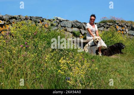 Una donna attraente che riposa con i suoi labirintici sul Sentiero Sour West Coast al Lizard Point, Cornovaglia, Regno Unito - John Gollop Foto Stock