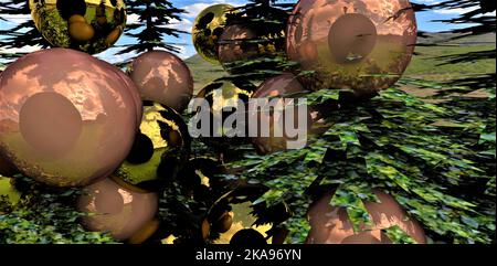 Collage natalizio di pini e palle in oro e ottone. Un pezzo di cielo blu tra i rami. Riflessione in una sfera di acciaio. rendering 3d. Foto Stock