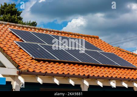 Pannelli solari fotovoltaici sul tetto di un edificio in Norfolk Inghilterra UK. Foto Stock