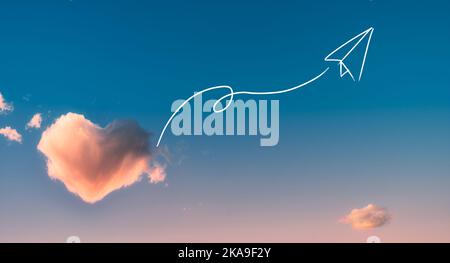Un disegno illustrativo di un piano di carta con un sentiero che vola attraverso una nuvola a forma di cuore, concetto di viaggio felice Foto Stock