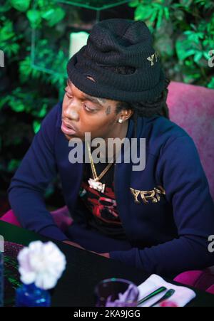 Ritratto di Takeoff da Migos. La famosa cantante rap americana Kirshnik Khari Ball aka YRN decollava di parlare in conferenza stampa. MOSCA - 27, MARZO, 2015 Foto Stock