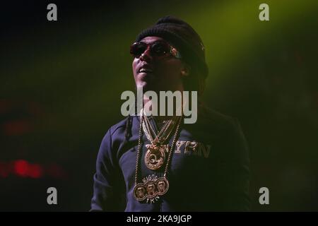 Ritratto di Takeoff da Migos. La famosa cantante rap americana Kirshnik Khari Ball aka YRN decollava di parlare in conferenza stampa. MOSCA - 27, MARZO, 2015 Foto Stock