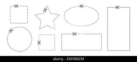 Set di vettori di taglio a forbice. Forbice con illustrazione a linee. Modello di disegno tagliato su carta nel simbolo di contorno. Illustrazione Vettoriale