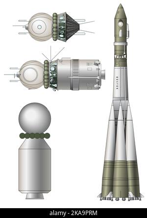 Vostok - Voskhod - veicolo spaziale con l'ultima fase del razzo portatore - illustrazione Illustrazione Vettoriale