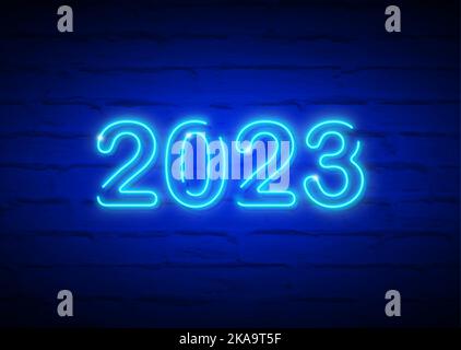 2023 Capodanno luminoso cartello al neon blu su muro di mattoni. Illustrazione vettoriale felice anno nuovo neon banner segno realistico, design di moda Illustrazione Vettoriale