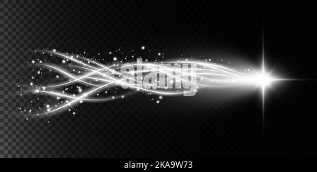 Linee luminose di velocità bianche. Effetto luminoso. Linee di movimento astratte. Onda leggera, linea di traccia del percorso del fuoco, luci per auto, fibra ottica e. Illustrazione Vettoriale
