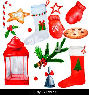 Buon Natale e Capodanno con arredamento tradizionale, biscotti e dolci. Elementi acquerelli per l'umore di Natale. Foto Stock