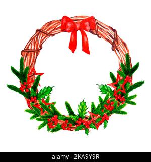 Acquerello decorativo decorazione corona di Natale in abete rosso e rami agrifoglio isolato su sfondo bianco. Clip per le vacanze art. Foto Stock