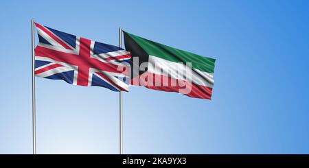 Bandiera del Regno Unito e bandiera del Kuwait, con cielo blu Foto Stock