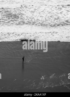 Una scala di grigi verticale di una persona in piedi sulla sabbia della spiaggia che guarda le onde dell'oceano. Foto Stock